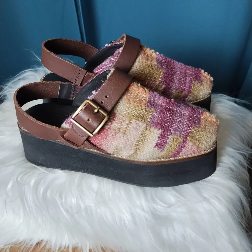 Free People Multicolor Wool-Textured Platform Clogs with Brown Strap